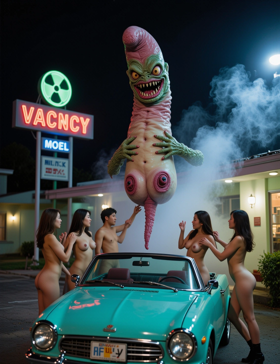 Fictional adults, a turquoise convertible and a giant camp alien outside a neon motel