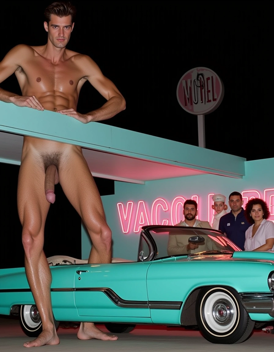 Giant nude fictional man beside a turquoise convertible and neon motel