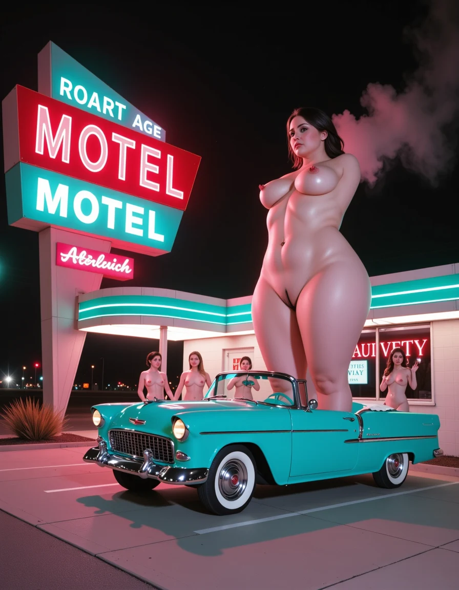 Giant nude fictional woman above a turquoise convertible at a neon motel