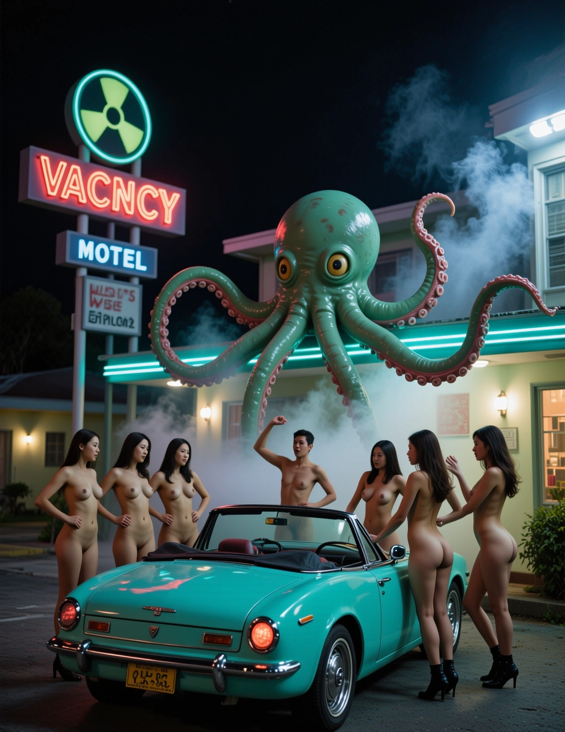 Fictional adults beside a turquoise convertible under a floating green octopus